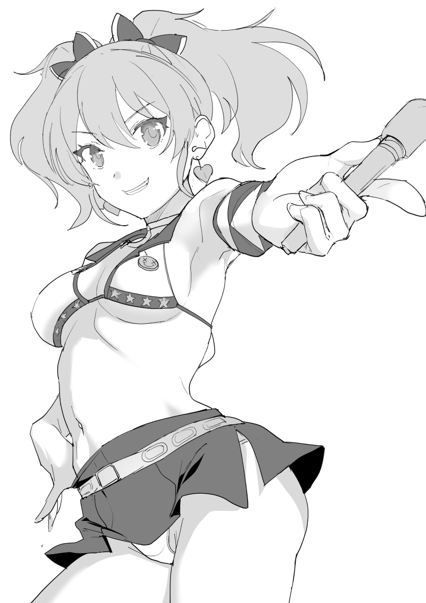 absurdres armpits bad_id bad_twitter_id bare_shoulders bikini bikini_top_only bow breasts commentary earrings eyelashes female from_side greyscale grin hair_between_eyes hairbow hand_on_own_hip heart heart_earrings highres idolmaster idolmaster_cinderella_girls inactive_account jewelry jougasaki_mika long_hair looking_at_viewer microskirt monochrome navel outstretched_arm pointing pointing_at_viewer saruanu sidelocks skirt small_breasts smile solo standing swimsuit thighs twintails