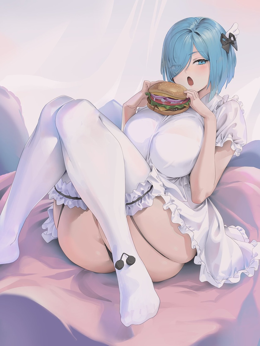 ass black_bow blue_eyes blue_hair blush bob_cut bow breasts burger commentary copyright_request eyes_visible_through_hair female food hairbow highres holding holding_food huge_ass inverted_bob knees_together_feet_apart large_breasts looking_at_viewer no_shoes one_eye_covered open_mouth puffy_short_sleeves puffy_sleeves shirt short_hair short_sleeves sitting solo symbol-only_commentary thighhighs white_shirt white_thighhighs wonchun