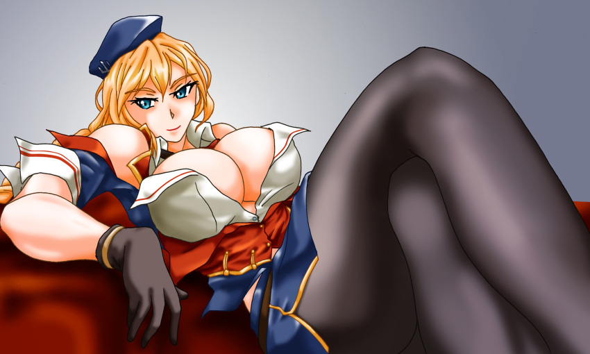 anchor_symbol beret blonde_pubic_hair blue_eyes braid braided_ponytail breasts cleavage des_moines_(warship_girls_r) detached_sleeves female gloves hair_between_eyes hat highres huge_breasts lying on_back pantyhose smile solo tasoku_hokou_heiki warship_girls_r