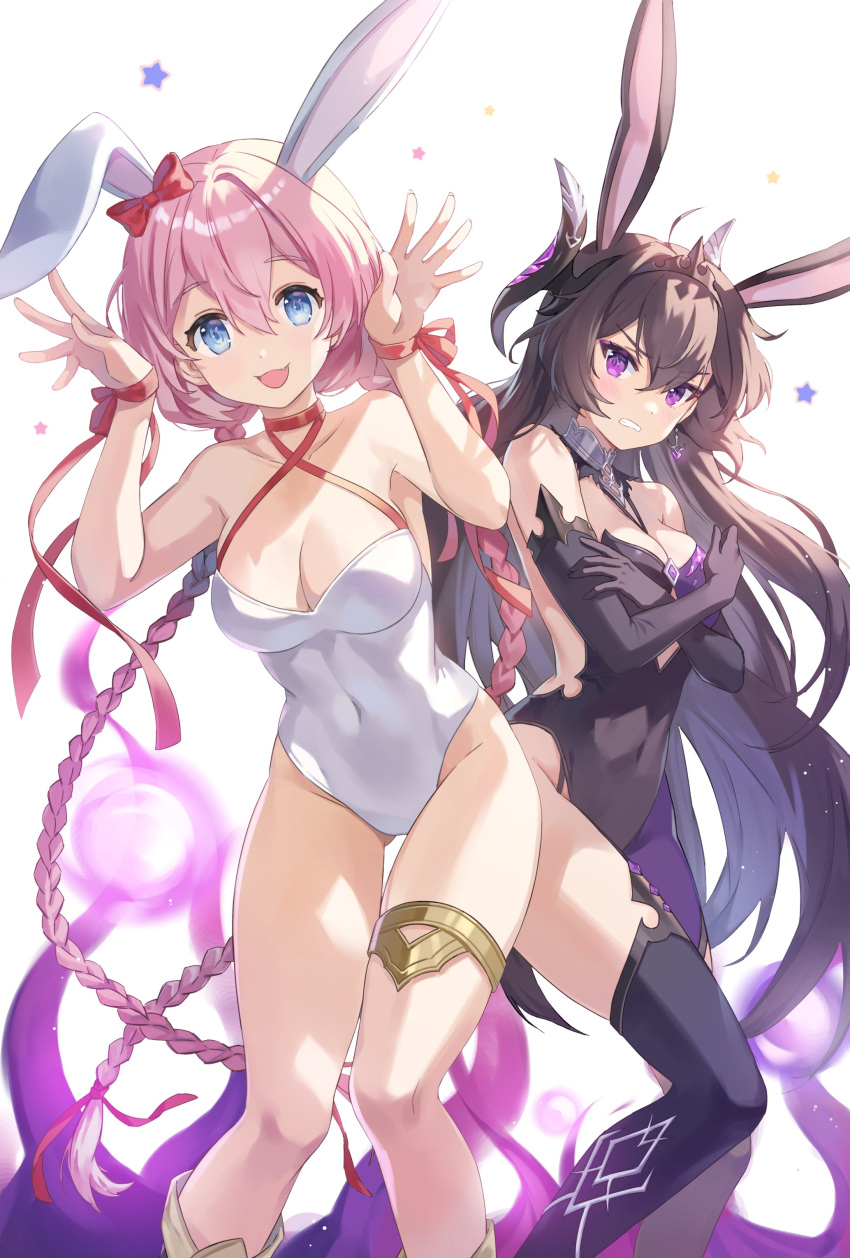 2girls :d absurdres alternate_costume animal_ears asymmetrical_legwear black_leotard black_tiara blue_eyes blush bow braid breasts brown_hair casual_one-piece_swimsuit clenched_teeth covering_breasts covering_privates epic_seven fake_animal_ears feet_out_of_frame hair_between_eyes hairbow highleg highleg_swimsuit highres leotard light_particles looking_at_viewer medium_breasts mintpompom mismatched_legwear multiple_girls oerba_yun_fang one-piece_swimsuit open_mouth purple_eyes rabbit_ears rabbit_pose red_bow red_ribbon ribbon short_hair_with_long_locks simple_background single_thighhigh small_breasts smile specter_tenebria_(dark_tyrant)_(epic_seven) swimsuit teeth tenebria_(epic_seven) thighhighs tiara twin_braids white_background white_one-piece_swimsuit wrist_ribbon