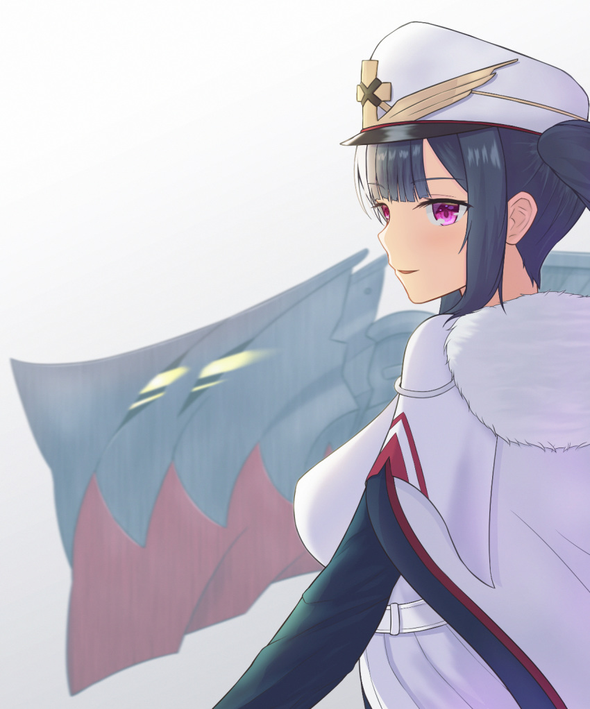 azur_lane black_hair breasts cape female fur_trim hat highres long_hair medium_breasts nebulius peaked_cap peter_strasser_(azur_lane) purple_eyes simple_background solo twintails upper_body white_cape white_hat