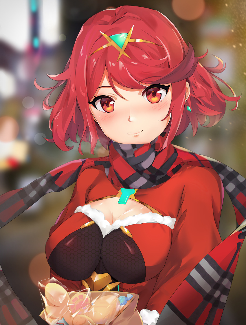 alternate_costume bag blurry blurry_background blush bob_cut bread breasts cleavage_cutout clothing_cutout female food gem gloves hair_ornament headpiece highres holding jewelry kiiro_kimi large_breasts long_sleeves looking_at_viewer night outdoors paper_bag plaid plaid_scarf pyra_(xenoblade) red_eyes red_hair red_scarf red_shirt scarf shirt short_hair smile solo swept_bangs tiara upper_body xenoblade_chronicles_(series) xenoblade_chronicles_2