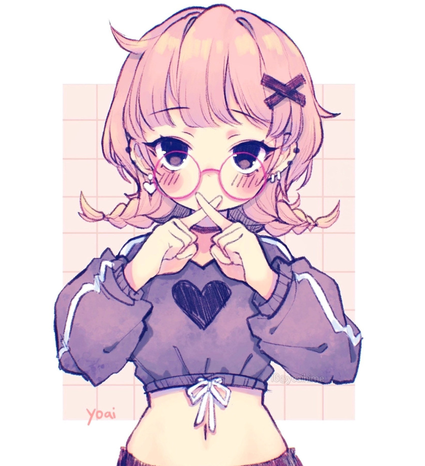 anny_(yoai) artist_name black_shorts black_sweater blunt_bangs braid brown_hair commentary crop_top cropped_sweater drawstring ear_piercing female fingers_to_mouth glasses hair_ornament hatching_(texture) heart heart_print highres instagram_username linear_hatching long_sleeves marker_(medium) midriff navel original pen_(medium) photo_(medium) piercing pink-framed_eyewear puffy_long_sleeves puffy_sleeves round_eyewear shorts solo sweater traditional_media twin_braids upper_body watermark x_fingers x_hair_ornament