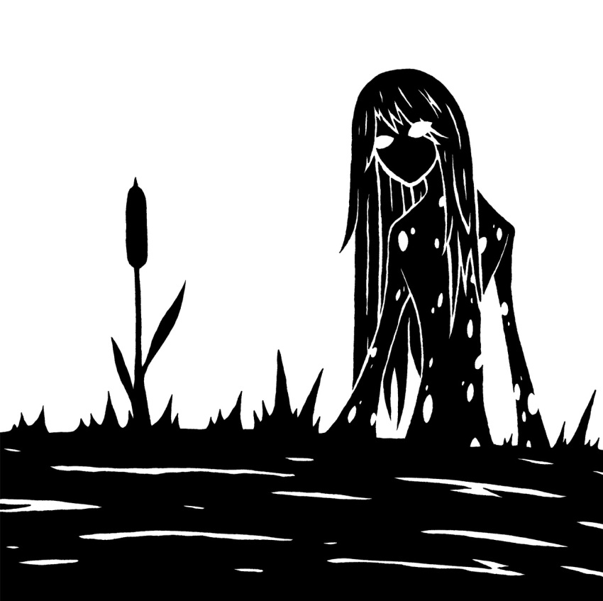 2014 black_and_white cattail_(plant) digital_drawing_(artwork) digital_media_(artwork) empty_eyes eye_through_hair female grass hair hi_res humanoid long_hair markings monochrome partially_submerged plant restricted_palette scp-811 scp_foundation silhouette simple_background solo spots spotted_body spotted_skin straight_hair sunnyclockwork swamp swamp_monster translucent translucent_hair water white_background