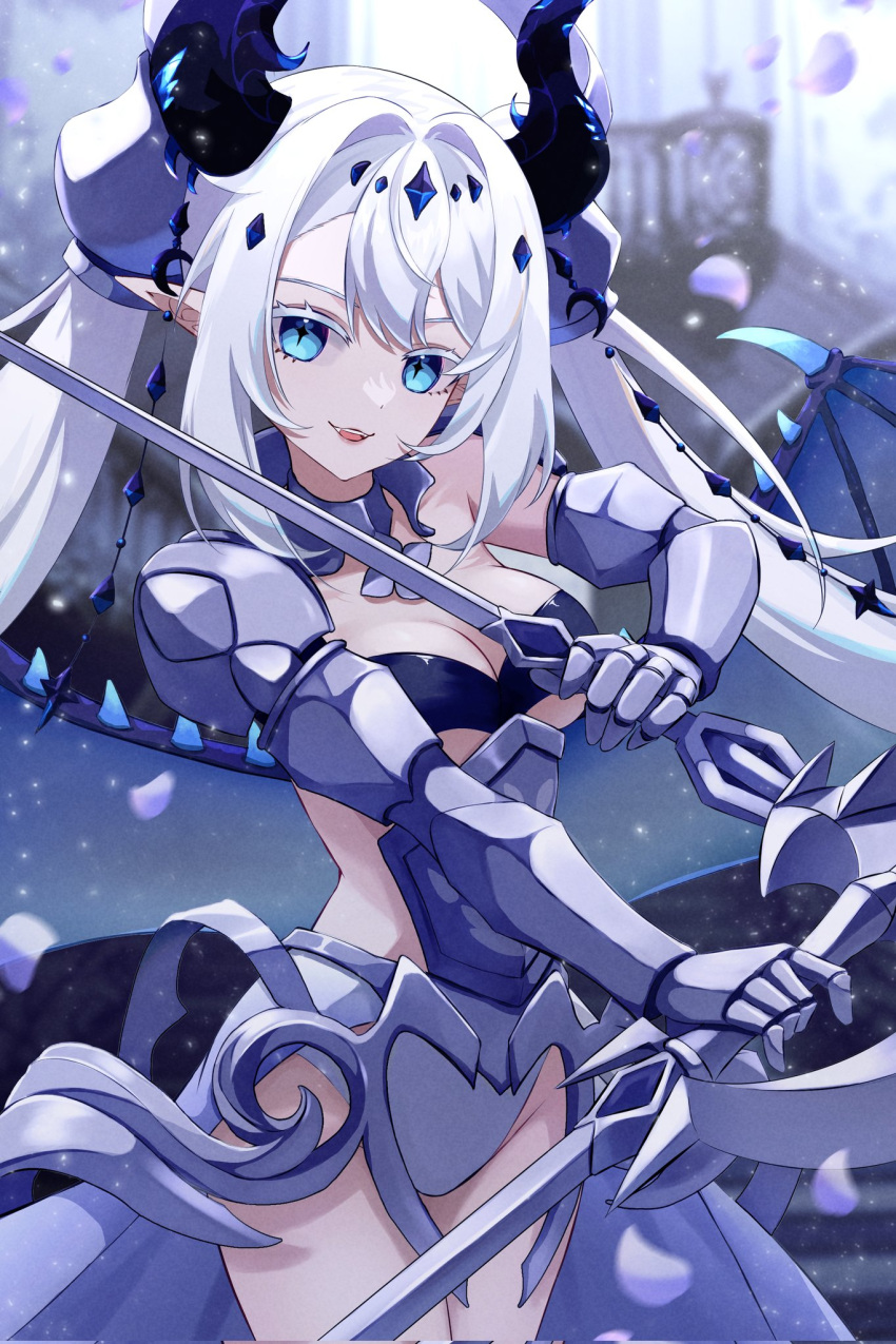 +_+ armor blue_eyes blue_wings breasts cleavage colored_eyelashes cosplay cross-shaped_pupils dragon_girl dragon_horns dragon_wings dual_wielding female gauntlets highres holding holding_sword holding_weapon horns lady_labrynth_of_the_silver_castle lady_labrynth_of_the_silver_castle_(cosplay) large_breasts long_hair looking_at_viewer lovely_labrynth_of_the_silver_castle nova_aokami oerba_yun_fang parted_lips pointy_ears second-party_source smile solo sword symbol-shaped_pupils twintails uni_(maru231) virtual_youtuber vreverie weapon wings yu-gi-oh!