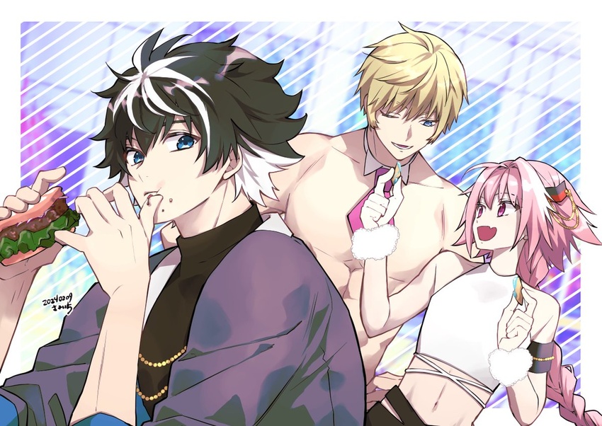 3boys alternate_costume astolfo_(fate) black_hair blonde_hair blue_eyes charlemagne_(fate) closed_mouth crumbs detached_collar eating fate/grand_order fate_(series) feeding food food_on_face long_hair long_sleeves looking_at_another looking_at_viewer male_focus multicolored_hair multiple_boys necktie open_mouth pink_eyes pink_hair pink_necktie roland_(fate) sandwich short_hair sleeveless smile wand3754 white_hair