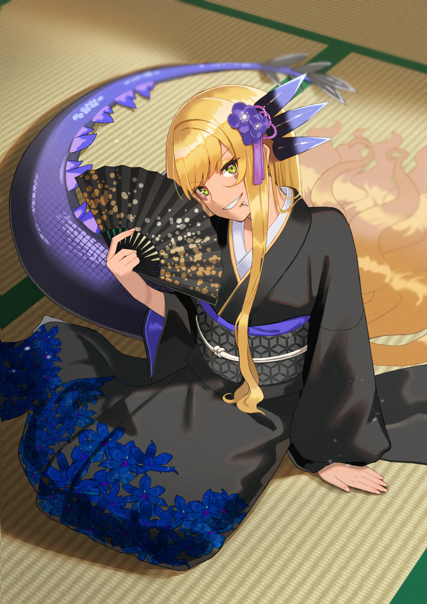 absurdly_long_hair absurdres black_kimono blonde_hair body_markings breasts dark-skinned_female dark_skin dragon_girl dragon_horns dragon_tail facial_mark fate/grand_order fate_(series) female flower folding_fan grin hair_flower hair_ornament hand_fan highres horns japanese_clothes kimono large_breasts lip_piercing long_hair long_sleeves looking_at_viewer motukan obi piercing sash sharp_teeth sitting smile solo tail tatami teeth very_long_hair vritra_(fate) wide_sleeves yellow_eyes