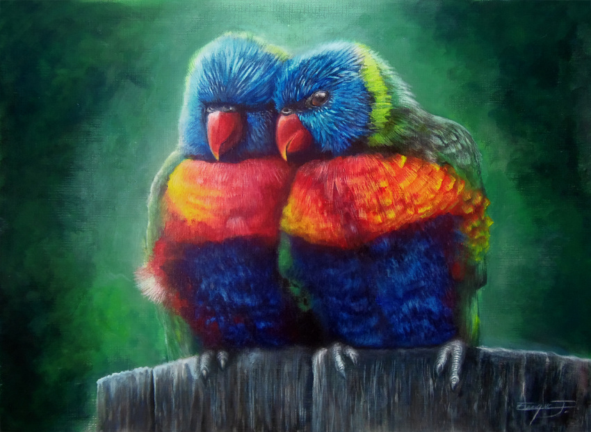 2012 acrylic_painting_(artwork) ambiguous_feral ambiguous_gender avian avian_feet beady_eyes beak bird blue_body blue_feathers cardboard_(artwork) caymartworks cere_(anatomy) claws colored_pencil_(artwork) colorful_theme cuddling duo feathers feral folded_wings front_view full-length_portrait green_background green_body green_feathers grey_claws icon loriinae lorikeet nuzzling on_one_leg painting_(artwork) parakeet parrot perching portrait rainbow_lorikeet red_beak red_body red_feathers simple_background standing traditional_media_(artwork) true_parrot wings wood