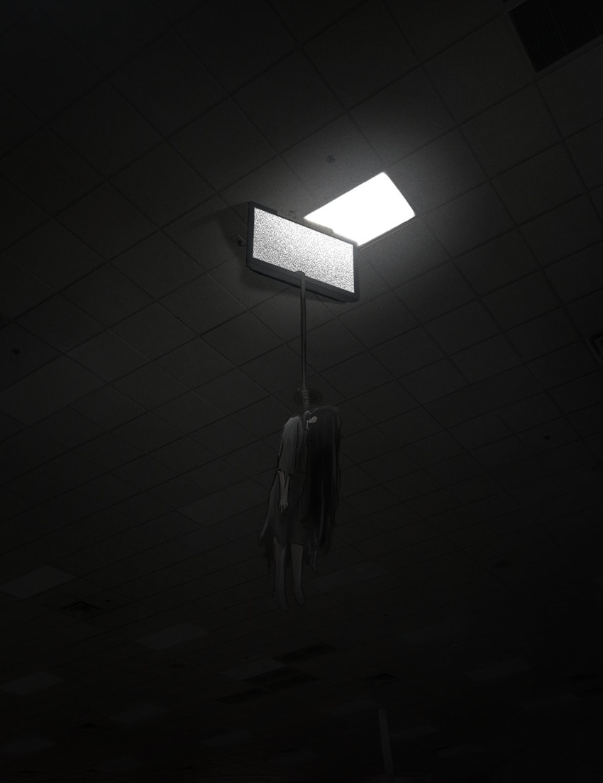 black_hair ceiling dark_room dress female full_body grey_dress hanged highres horror_(theme) indoors long_hair meme noose raki_(raki_gaki) rope_around_neck sadako_ceiling_tv_redraws_(meme) solo suicide television the_ring through_medium through_screen tile_ceiling tiles very_long_hair wide_shot yamamura_sadako