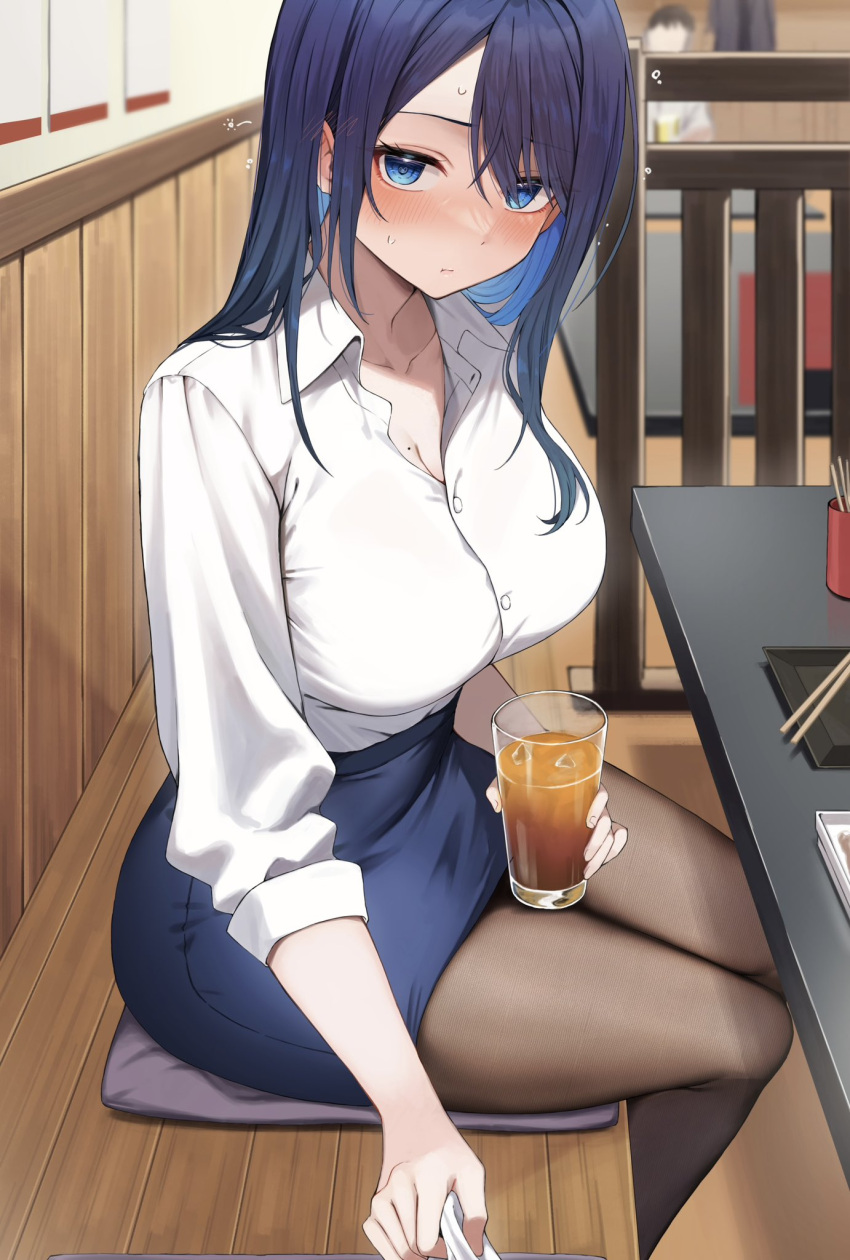 1other bar_(place) blue_eyes blue_hair blue_skirt blush breasts chopsticks cleavage closed_mouth collarbone collared_shirt colored_inner_hair cup drink drunk female highres holding holding_cup holding_drink ice ice_cube indoors kouhai-chan_(udon) large_breasts miniskirt mole mole_on_breast multicolored_hair office_lady original pantyhose pencil_skirt plate purple_hair shirt skirt solo_focus udon_(udonalium) white_shirt