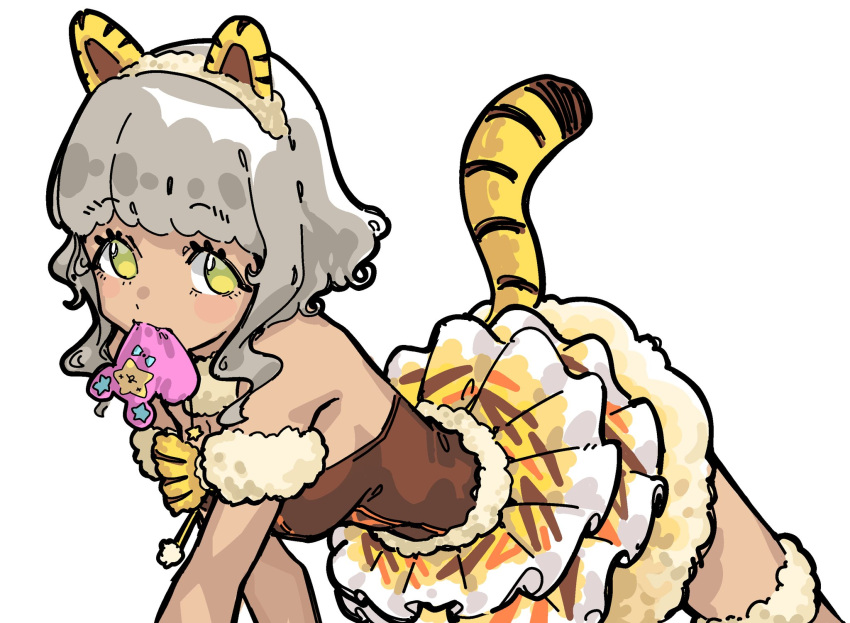 all_fours animal_ear_hairband animal_ears bare_shoulders breasts brown_shirt cat_ear_hairband cat_ears cat_tail dark-skinned_female dark_skin fake_animal_ears feet_out_of_frame female fugota6509 fur-trimmed_skirt fur_collar fur_trim hairband highres kiracchu_(pri_chan) kiratto_pri_chan layered_skirt looking_at_viewer medium_breasts mouse_(animal) mouth_hold pretty_series pripara shirt short_hair sidelocks simple_background skirt solo tail taiyo_pepper thigh_strap white_background yellow_eyes