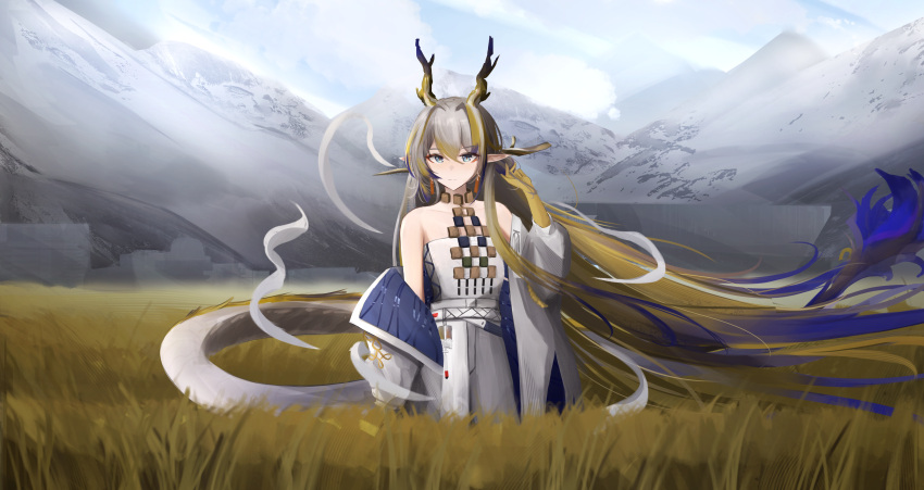 absurdres aqua_eyes arknights bare_shoulders belt blonde_hair closed_mouth colored_skin day dragon_girl dragon_horns dragon_tail earrings female field grey_hair grey_horns grey_tail hair_between_eyes hair_intakes hand_in_own_hair hand_up highres horns jacket jewelry light_smile long_hair long_sleeves looking_at_viewer mountain multicolored_hair necklace off_shoulder open_clothes open_jacket outdoors pants plant pointy_ears purple_hair shu_(arknights) sketch_background solo split_mouth standing strapless tail tube_top very_long_hair vincentime wheat wheat_field white_belt white_jacket white_pants white_tube_top wind yellow_horns yellow_tail