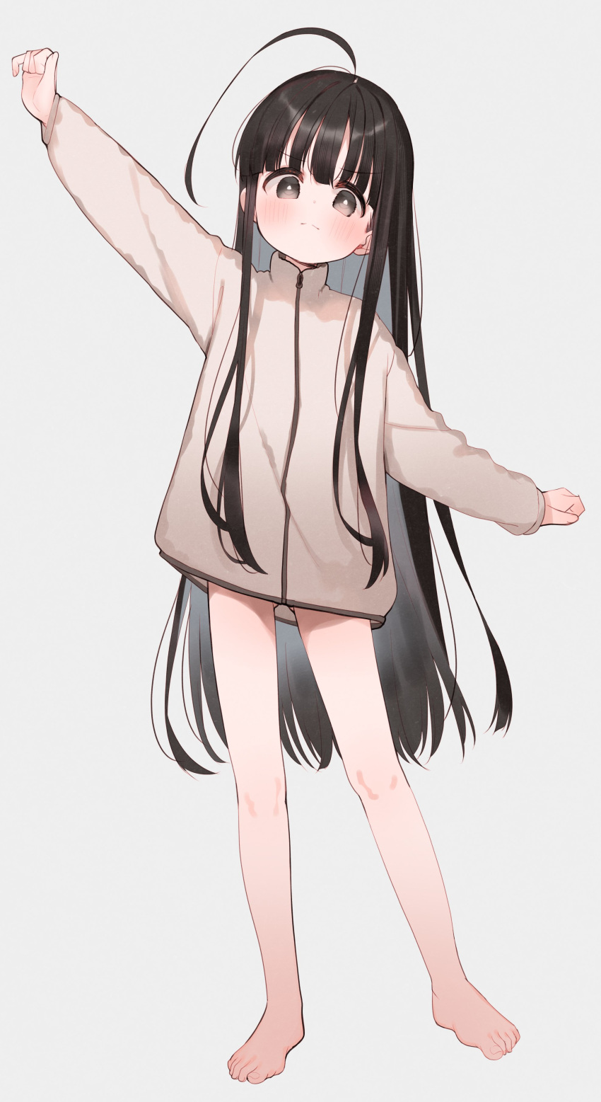 >:( absurdres ahoge arm_up ass_visible_through_thighs bare_legs barefoot black_hair blush borrowed_character brown_eyes brown_jacket closed_mouth feet female full_body grey_background highres jacket light_frown long_hair long_sleeves looking_at_viewer meito_(maze) original outstretched_arms puffy_long_sleeves puffy_sleeves simple_background solo standing tachikawa_nobuo toenails toes ts_loli_oji-san_(ronna) ts_loli_oji-san_no_boukan v-shaped_eyebrows very_long_hair