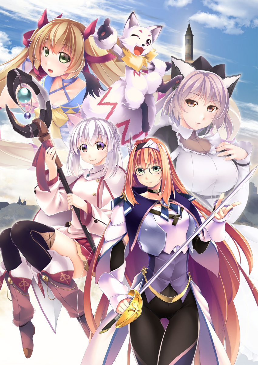 4girls absurdres animal atelier-moo boots breasts brown_eyes brown_hair carol_(our_battle_has_just_begun!) closed_mouth dog_nose full_body green_eyes hair_between_eyes hair_ornament highres hilda_(our_battle_has_just_begun!) ibis_(our_battle_has_just_begun!) jewelry large_breasts long_hair long_sleeves lutie miniskirt multiple_girls necklace open_mouth our_battle_has_just_begun! ribbon short_hair skirt smile standing thighhighs twintails very_long_hair white_hair zettai_ryouiki