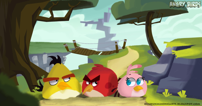 angry_birds avian bird black_tail bridge chuck_(angry_birds) eyebrows female female_feral feral group hi_res male male_feral olubunmi_john pink_body plant red_(angry_birds) red_body rovio_entertainment sega stella_(angry_birds) tail tree trio yellow_body