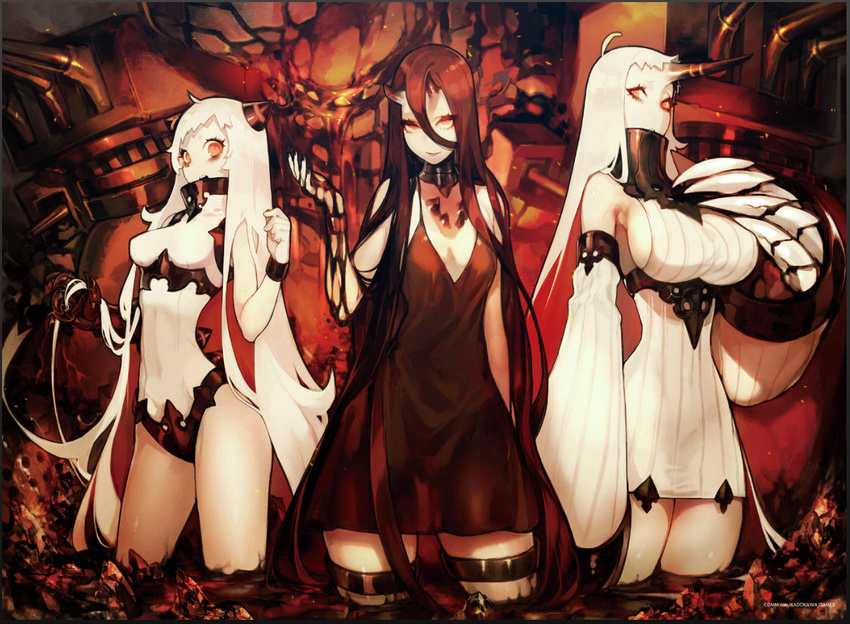 3girls abyssal_ship airfield_princess akira_(kadokawa) arm_behind_back bags_under_eyes bare_shoulders battleship_princess black_dress black_hair black_horns border bracer breasts claws cleavage colored_skin company_name covered_navel covered_nipples detached_sleeves dress dripping gauntlets hair_between_eyes hand_in_own_hair hand_on_own_chest horns kadokawa kantai_collection large_breasts lava leotard long_hair long_sleeves looking_at_viewer machinery mechanical_arms medium_breasts monster motor_oil multiple_girls official_art open_mouth orange_eyes pale_skin ribbed_dress seaport_princess short_dress sideboob single_gauntlet single_horn single_mechanical_arm skin-covered_horns small_breasts smile spikes standing striped_horns thigh_strap turret turtleneck turtleneck_dress turtleneck_leotard very_long_hair wading watermark white_dress white_hair white_leotard white_skin