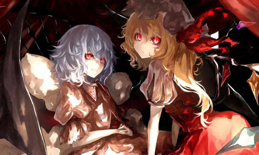 2girls arm_support bat_wings black_wings blonde_hair closed_mouth commentary_request crystal expressionless flandre_scarlet fujinohara_akihira hair_between_eyes hat hat_ribbon long_hair looking_at_viewer mob_cap multiple_girls own_hands_together pillow pink_shirt puffy_short_sleeves puffy_sleeves red_eyes red_ribbon red_skirt red_vest remilia_scarlet ribbon shirt short_sleeves siblings sisters sitting skirt skirt_set smile touhou vest white_hair white_hat wings