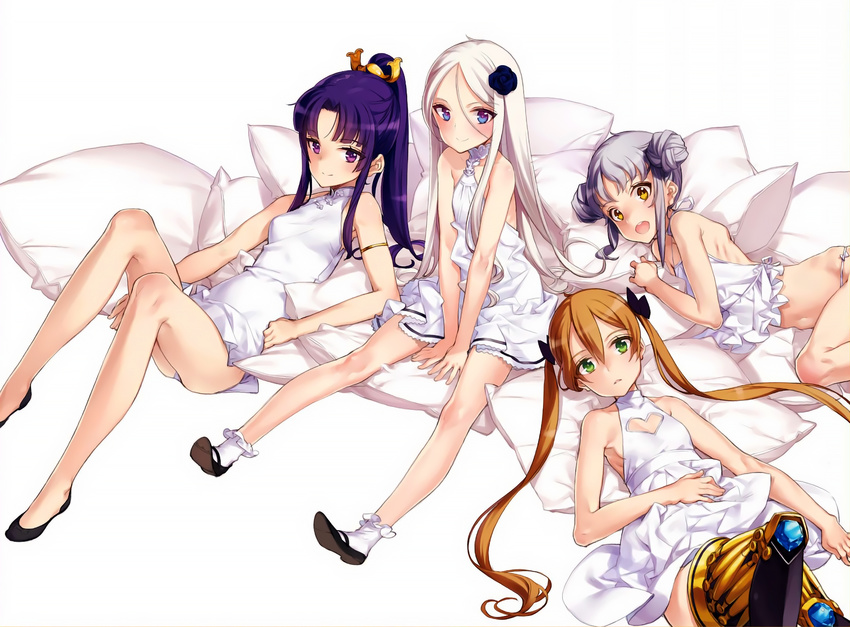 4girls :d achilles_(eiyuu_senki) armlet bare_legs bare_shoulders between_thighs blue_eyes blush bobby_socks breasts brown_hair china_dress chinese_clothes clothing_cutout double_bun dress eiyuu_senki flat_chest flats green_eyes hair_between_eyes hair_bun hair_ornament heart_cutout highres jiang_ziya_(eiyuu_senki) leg_up long_legs looking_at_viewer lying mary_janes minamoto_no_yoshitsune_(eiyuu_senki) multiple_girls navel on_back on_side open_mouth oyari_ashito pillow ponytail purple_eyes purple_hair shoes short_dress silver_hair sitting sleeveless small_breasts smile socks thighhighs twintails v_arms vlad_tepes_(eiyuu_senki) white_dress white_hair white_socks white_theme yellow_eyes