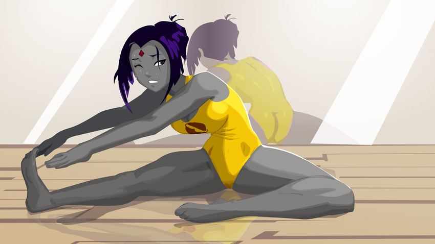 alternate_costume ass bad_deviantart_id bad_id barefoot bob_cut breasts colored_skin dc_comics exercising female forehead_jewel grey_skin highres lady_legasus large_breasts leaning_forward leotard mirror morganagod purple_hair raven_(dc) reflection short_hair soles solo stretching sweat teen_titans teen_titans_go! toes wince