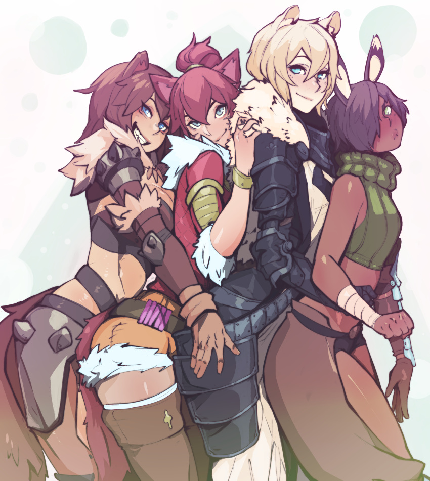 5_fingers absurd_res animal_humanoid armor armwear blonde_hair blue_eyes blush bodypaint bottomwear breasts brown_body brown_fur brown_hair bunny_and_fox_world canid canid_humanoid canine canine_humanoid canis cat_humanoid cleavage clothed clothing dark_body dark_skin domestic_cat dwarf_hotot eymbee face_paint felicity felicity_(clockwork) felid felid_humanoid feline feline_humanoid felis female fingers fluffy fluffy_tail fully_clothed fur fyriae fyriae_(clockwork) green_eyes grin group gulonine hair hare_(clockwork) hi_res humanoid lagomorph lagomorph_humanoid legwear leporid leporid_humanoid light_body light_skin long_tail mammal mammal_humanoid markings midriff mustelid mustelid_humanoid musteline musteline_humanoid pale_skin pouting purple_body purple_fur purple_hair rabbit rabbit_humanoid red_body red_fur red_hair sharp_teeth shorts side_view smile smirk tail teal_eyes teeth vivian_(clockwork) whisker_markings wolf wolf_humanoid wolverine wolverine_humanoid wolvy_(clockwork) yellow_body yellow_fur