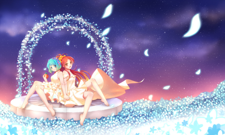 2girls apple barefoot dress flowers mahou_shoujo_madoka_magica miki_sayaka petals sakura_kyouko sha