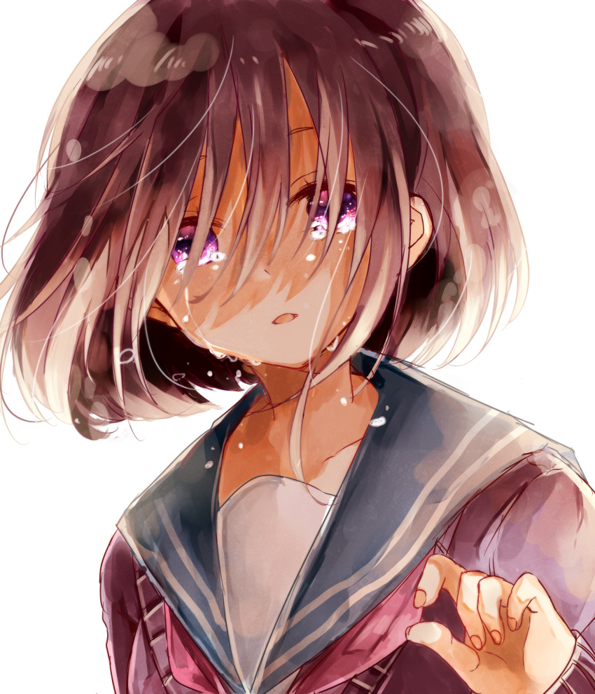 bad_id bad_pixiv_id blue_sailor_collar brown_hair cardigan collarbone crying crying_with_eyes_open female fingernails hair_over_eyes hand_up head_tilt highres long_hair long_sleeves looking_at_viewer naoton neckerchief original parted_lips purple_cardigan purple_eyes red_neckerchief sailor_collar school_uniform serafuku simple_background solo tears white_background