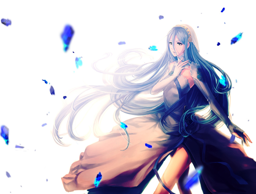 azura_(fire_emblem) bad_id bad_pixiv_id blue_eyes blue_hair dress elbow_gloves female fingerless_gloves fire_emblem fire_emblem_fates gloves kara_namako long_hair petals photoshop_(medium) solo very_long_hair