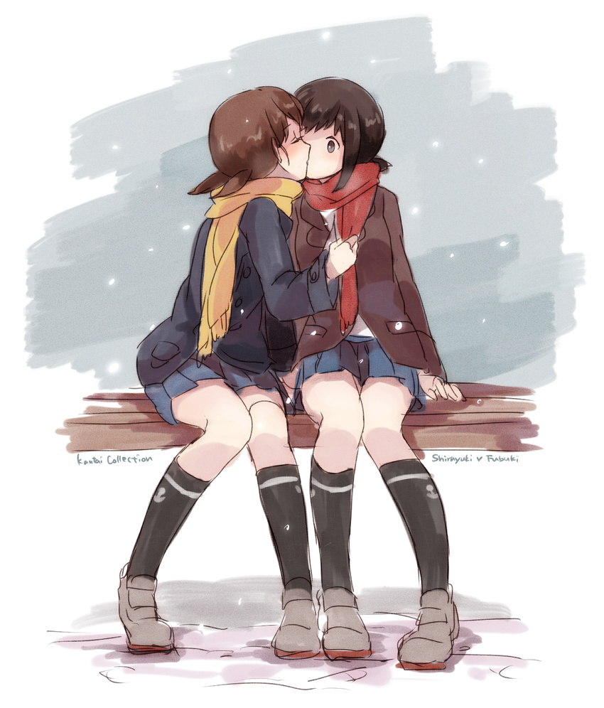 2girls bad_id bad_pixiv_id brown_eyes brown_hair character_name closed_eyes copyright_name fubuki_(kancolle) highres jacket kantai_collection kissing kuuga_(cf) low_twintails multiple_girls photoshop_(medium) scarf shirayuki_(kancolle) short_hair sitting skirt twintails yuri