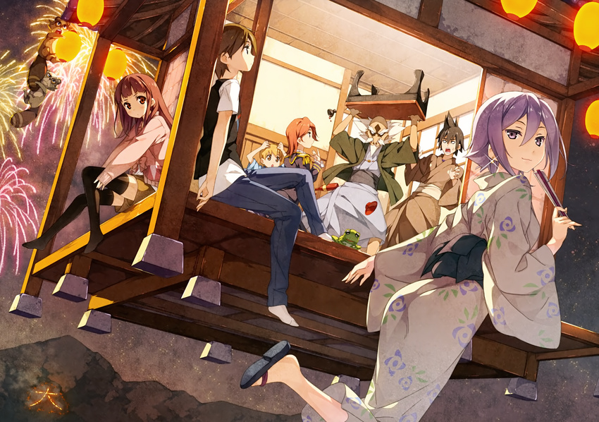 3girls 4boys :3 :o absurdres akadama-sensei_(uchouten_kazoku) benten-sama_(uchouten_kazoku) black_legwear blonde_hair bottle brown_hair cardigan cup daimonji earrings ebisugawa_ginkaku ebisugawa_kaisei ebisugawa_kinkaku epaulettes everyone fireworks flying folded_fan folding_fan frog full_body geta hand_fan haori highres japanese_clothes jewelry kantoku kimono lantern light_purple_hair mother_(uchouten_kazoku) multiple_boys multiple_girls night night_sky no_shoes obon old old_man open_mouth sakazuki sake_bottle sandals shimogamo_yaichirou shimogamo_yajirou shimogamo_yasaburou shimogamo_yashirou shorts sky tanuki thighhighs uchouten_kazoku yukata