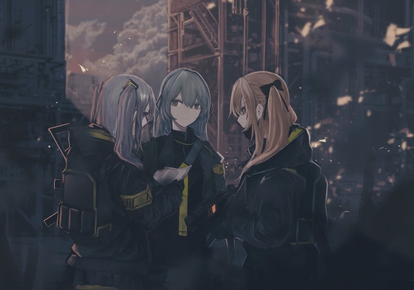 3girls armband black_jacket brown_hair building commentary_request factory girls'_frontline grey_hair gun h&k_ump hair_ribbon heckler_&_koch holding holding_weapon hood hooded_jacket jacket multiple_girls nurim ribbon smog submachine_gun twintails ump40_(girls'_frontline) ump45_(girls'_frontline) ump9_(girls'_frontline) weapon yellow_armband