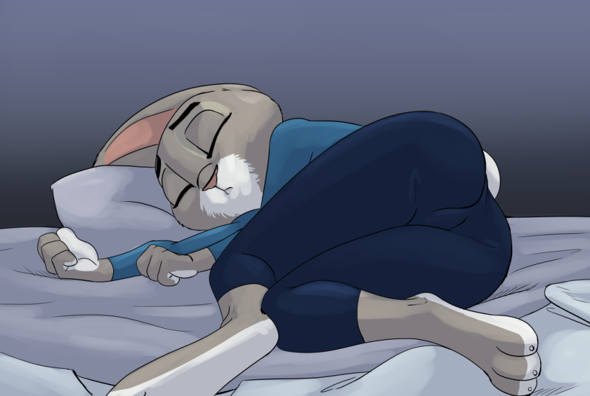 2018 akiric anthro ass barefoot bed biped closed_eyes clothed clothing disney duo feet female furniture judy_hopps lagomorph leporid lying mammal on_side pillow rabbit sleeping solo zootopia