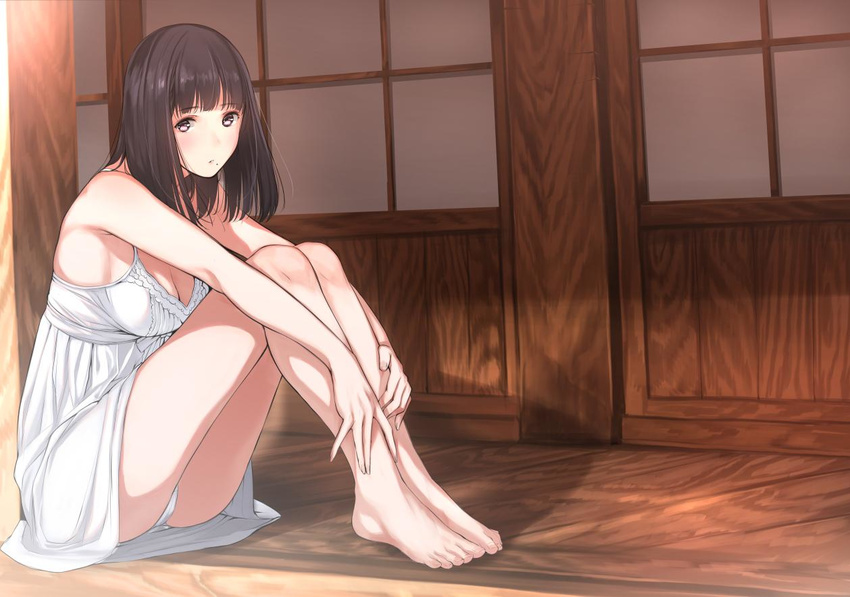 black_hair breasts brown_eyes cleavage commentary_request cover_image dress female knees_up looking_at_viewer medium_breasts mole mole_under_mouth original panties pantyshot porch sitting solo tsukino_wagamo underwear white_dress white_panties