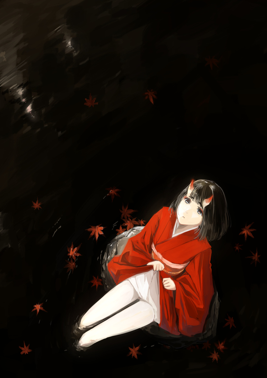 autumn_leaves black_eyes black_hair clothes_lift commentary_request eyeliner female from_above highres horns japanese_clothes kimono kimono_lift leaf looking_up makeup maple_leaf night oni oni_horns original pale_skin pantyhose parted_lips short_hair sitting soaking_feet solo tsukino_wagamo water white_pantyhose