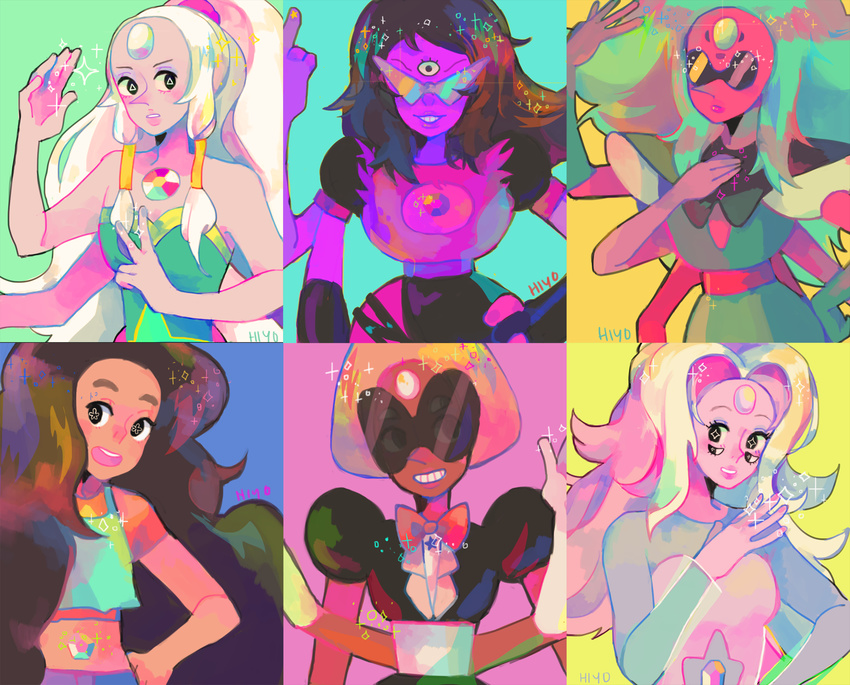 1other 5girls alexandrite_(steven_universe) artist_name bad_id bad_pixiv_id blush colored_skin commentary dark-skinned_female dark_skin extra_arms extra_eyes fusion gem glasses gradient_hair highres hiyo_(taniiko) long_hair looking_at_viewer midriff multicolored_hair multiple_fusions multiple_girls opal_(steven_universe) open_mouth purple_skin rainbow_quartz red_skin sardonyx_(steven_universe) short_hair smile sparkle star_(symbol) steven_universe stevonnie_(steven_universe) sugilite_(steven_universe) v very_long_hair