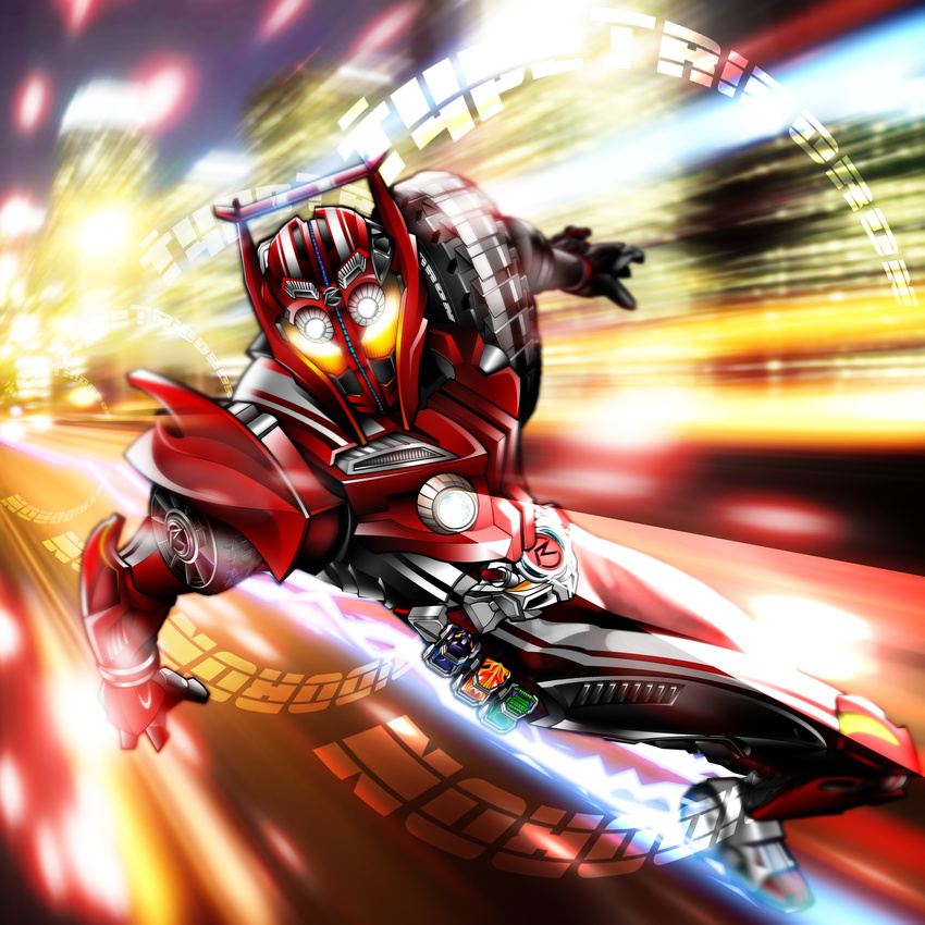 1boy armor bad_id bad_pixiv_id belt character_name city city_lights full_armor glowing glowing_eyes helmet highres kamen_rider kamen_rider_drive kamen_rider_drive_(series) kamen_rider_drive_(type_tridoron) kameren male_focus photoshop_(medium) sliding solo tire tokusatsu type_tridoron yellow_eyes