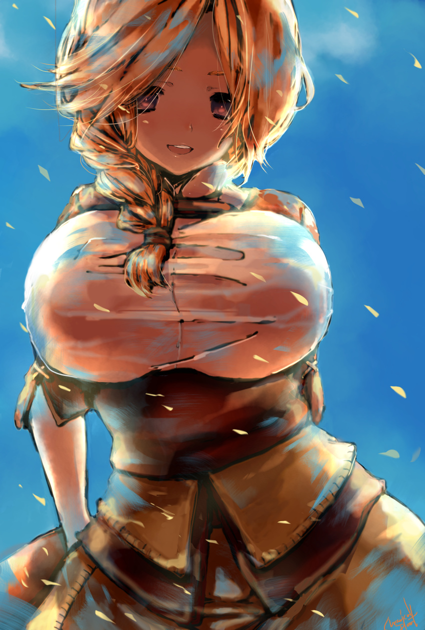 alternate_breast_size blonde_hair blue_background braid breasts commentary_request enri_emmot female hair_over_shoulder highres large_breasts leirion5 looking_at_viewer open_mouth overlord_(maruyama) simple_background single_braid smile solo teeth upper_teeth_only