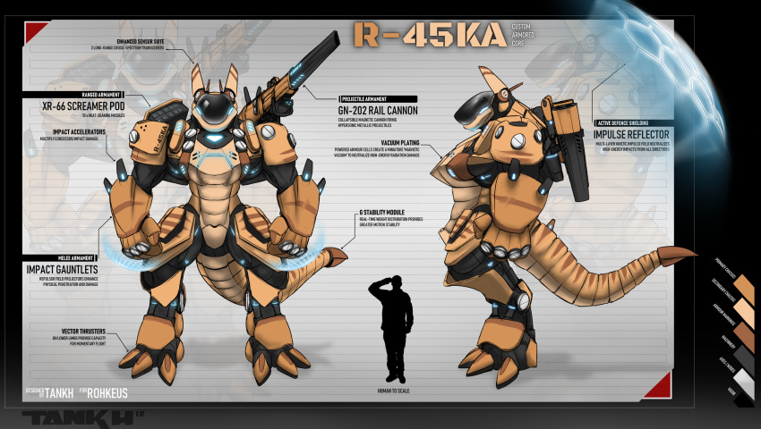 alternate_species armor armored_core_(series) battle cannon cybernetics cyborg digital_media_(artwork) english_text fromsoftware front_view full-length_portrait gun hi_res machine mecha missile_launcher missile_pod model_sheet portrait railgun ranged_weapon raska_(rohkeus) robot robot_anthro scalie science_fiction shoulder_cannon shoulder_missiles side_view solo tail tankh text weapon