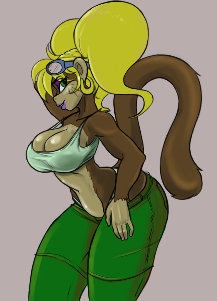 anthro ass big_breasts big_butt blonde_hair bottomwear breasts brown_body brown_fur cleavage clothed clothing conditional_dnp crop_top ear_piercing eyeshadow eyewear female fur goggles green_eyes hair hand_on_hip haplorhine hi_res lips long_hair makeup mammal mario_bros midriff monkey nintendo pants piercing primate purple_lips shirt shorts simple_background solo streetwear topwear twintails ukiki wide_hips xopachi y2k_(fashion) yoshi's_island