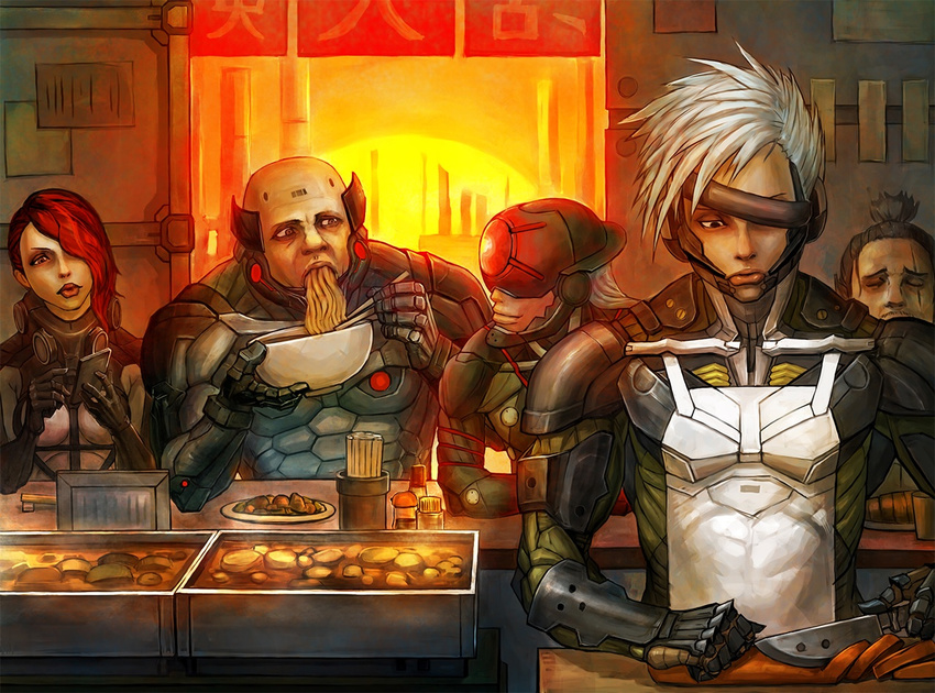 4boys apron bald barcode barcode_tattoo black_hair blindfold bowl cellphone chopsticks closed_eyes cooking cyborg eating female food hair_over_one_eye head_tilt looking_at_another mask metal_gear_(series) metal_gear_rising:_revengeance mistral_(metal_gear_rising) monsoon_(metal_gear_rising) multiple_boys noodles phone raiden_(metal_gear) red_hair samuel_rodrigues scar skyline smile sun sundowner_(metal_gear_rising) tattoo white_hair