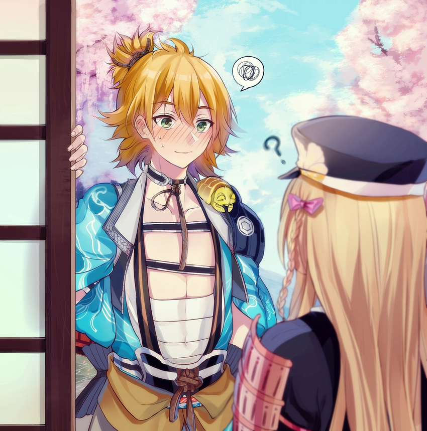 2boys ? animal animal_on_shoulder armor blonde_hair blush bow braid cherry_blossoms commentary green_eyes hairbow hat highres japanese_armor japanese_clothes kamekichi long_hair male_focus midare_toushirou midare_toushirou_(kiwame) midriff_sarashi multiple_boys orange_hair otoko_no_ko qingshui_ai sarashi shoulder_armor sliding_doors sode spoken_squiggle squiggle sweat symbol-only_commentary touken_ranbu tree turtle urashima_kotetsu yaoi