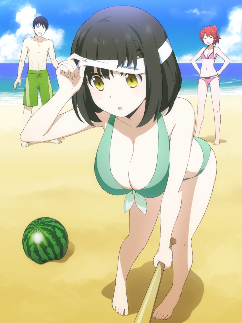 1boy 2girls :o ^_^ barefoot baseball_bat beach bent_over bikini black_eyes blindfold blue_sky braid breasts chiba_erika closed_eyes cloud collarbone commentary day double_bikini food front-tie_bikini_top front-tie_top fruit green_bikini green_shorts hands_on_own_hips highres holding holding_weapon horizon large_breasts looking_at_another looking_down mahouka_koukou_no_rettousei multiple_girls no_eyewear ocean open_mouth outdoors pink_bikini red_hair sand shibata_mizuki short_hair shorts side-tie_bikini_bottom sky suikawari sumi_(shibata3gb) sweatdrop swimsuit watermelon weapon yellow_eyes yoshida_mikihiko