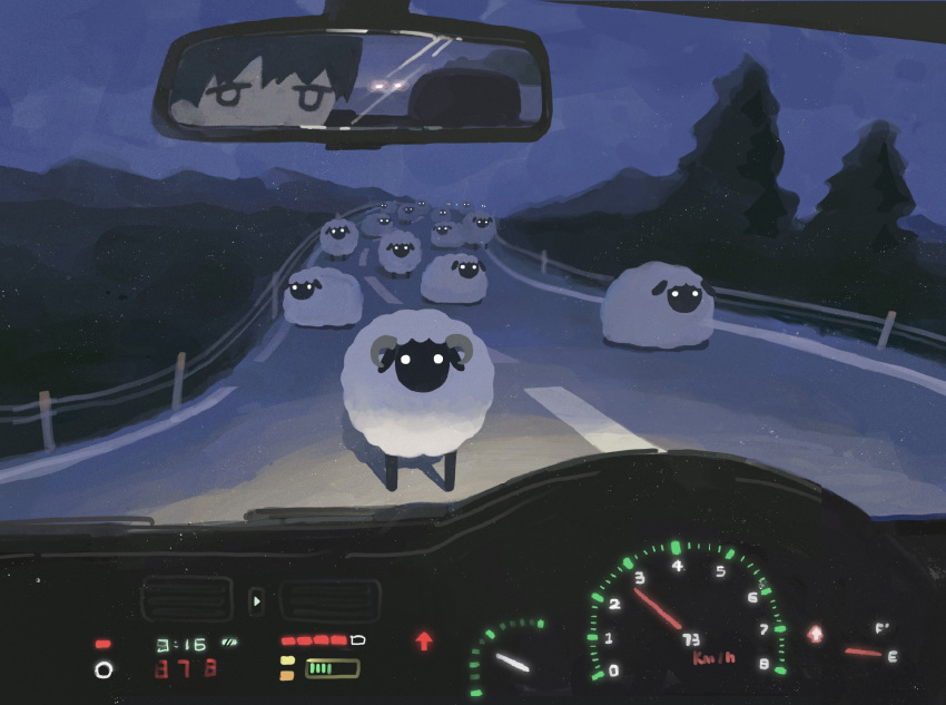 1boy animal black_hair car_interior glowing glowing_eyes highres horns mirror mountain night original outdoors pov protected_link reflection road sheep sky tree white_eyes woshihuyi