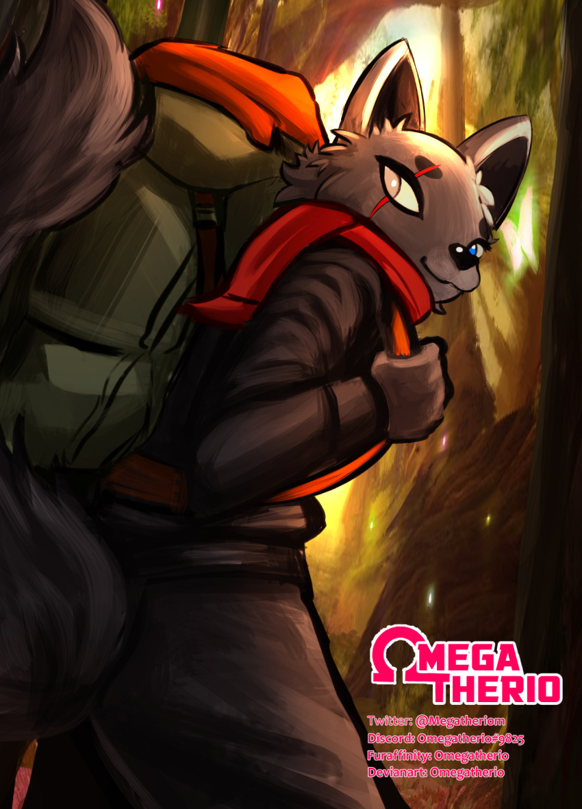 anthro backpack black_body black_bottomwear black_clothing black_fur black_nose black_tail black_topwear blue_eyes bottomwear canid canine canis clothed clothing eyebrows fully_clothed fur green_backpack hi_res mammal omegatherio pink_text solo tail text topwear wolf