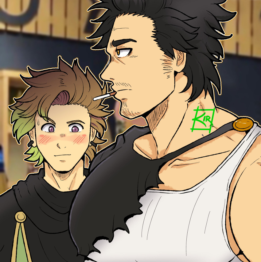 2boys bara black_capelet black_clover black_hair blush breast_envy capelet cigarette english_commentary facial_hair finral_roulacase from_side girl_staring_at_guy's_chest_(meme) goatee highres kir_(kir_keropi) large_pectorals long_sideburns looking_at_another looking_down male_focus mature_male meme multiple_boys muscle_envy muscular muscular_male pectoral_focus pectorals short_hair sideburns spiked_hair upper_body yami_sukehiro yaoi