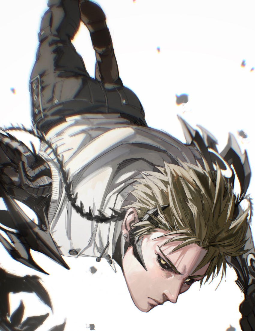 1boy absurdres black_pants black_sclera blonde_hair chromatic_aberration closed_mouth colored_sclera commentary cyborg earrings genos highres jewelry lips looking_at_viewer male_focus midair nose one-punch_man pants serious shirt short_hair simple_background solo spiked_hair thisuserisalive tsurime upside-down v-shaped_eyebrows white_background white_shirt yellow_eyes