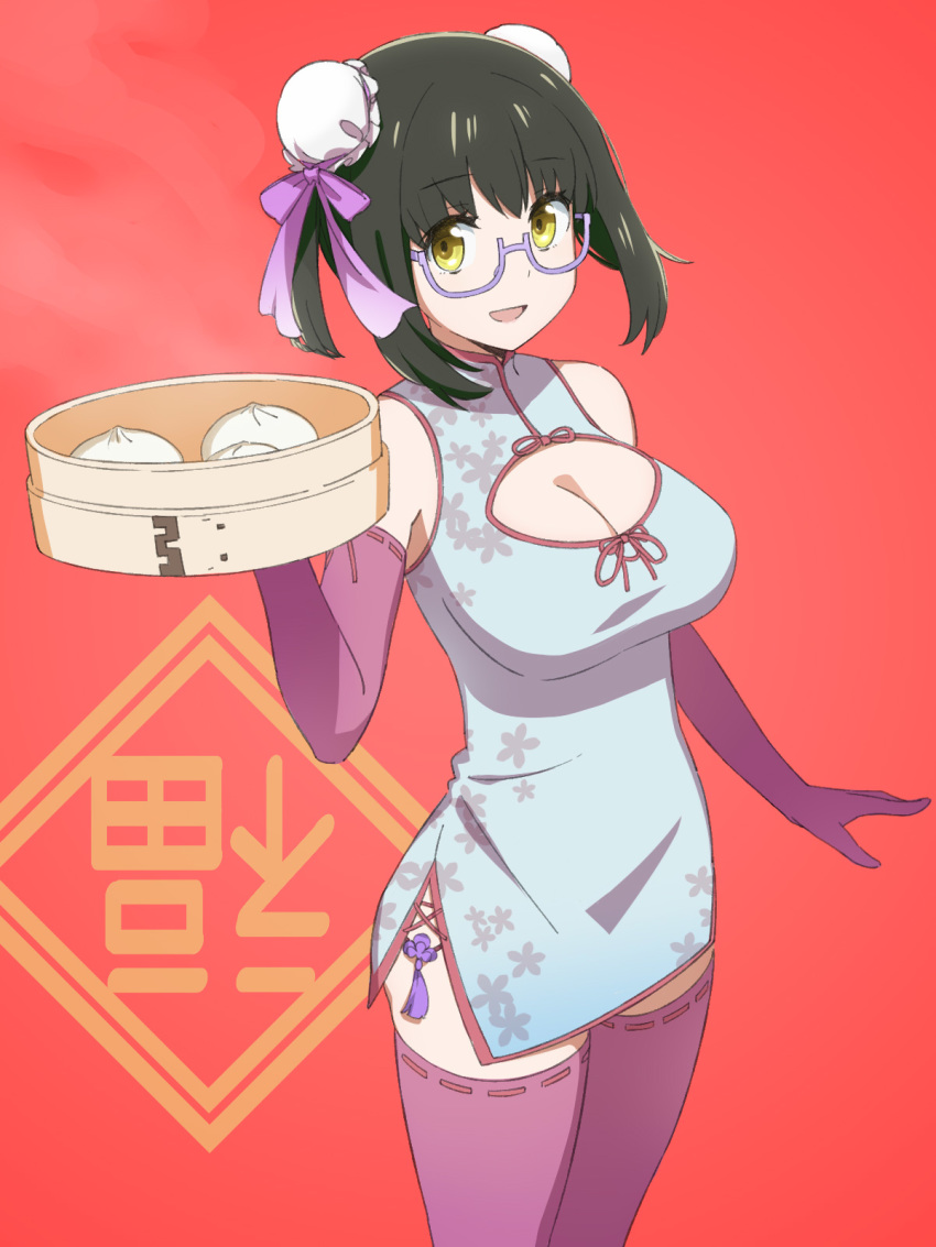 :d alternate_costume alternate_hairstyle bamboo_steamer baozi bare_shoulders black_hair breasts bun_cover china_dress chinese_clothes cleavage cleavage_cutout clothing_cutout commentary_request cowboy_shot double_bun dress elbow_gloves female food glasses gloves hair_bun hand_up highres holding holding_tray large_breasts looking_at_viewer mahouka_koukou_no_rettousei medium_hair open_mouth purple-framed_eyewear purple_gloves purple_ribbon purple_thighhighs red_background ribbon ribbon-trimmed_gloves ribbon-trimmed_thighhighs ribbon_trim semi-rimless_eyewear shibata_mizuki short_dress sleeveless sleeveless_dress smile solo steam sumi_(shibata3gb) thighhighs tray under-rim_eyewear yellow_eyes zettai_ryouiki