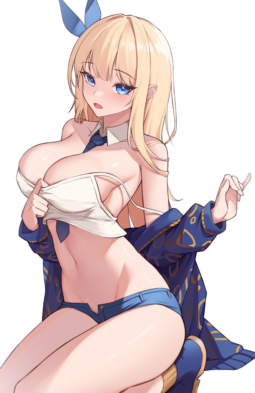 absurdres bare_shoulders between_breasts blonde_hair blue_eyes blue_footwear blue_necktie blue_ribbon blue_shorts breasts camisole cankofi's_character cleavage crop_top dungeon_and_fighter female groin hair_intakes hair_ribbon highres large_breasts looking_at_viewer micro_shorts midriff navel necktie necktie_between_breasts open_clothes open_fly open_mouth original ribbon sbbs short_shorts shorts simple_background solo stomach strap_slip thighs white_background white_camisole