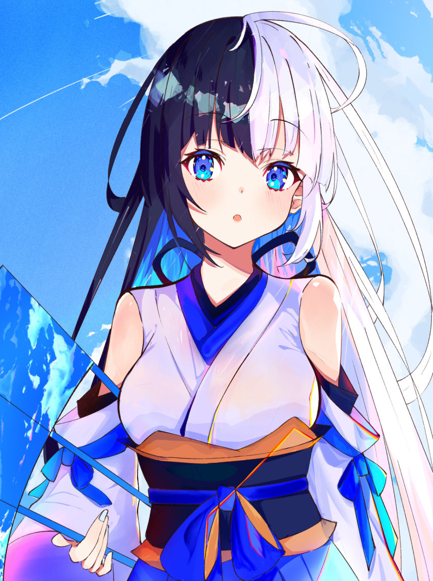 black_hair blue_sky cloud day detached_sleeves female folding_fan hanamizuki_yuuki hand_fan highres holding japanese_clothes kimono multicolored_hair original outdoors silver_nails sky solo split-color_hair surfboard two-tone_hair white_hair