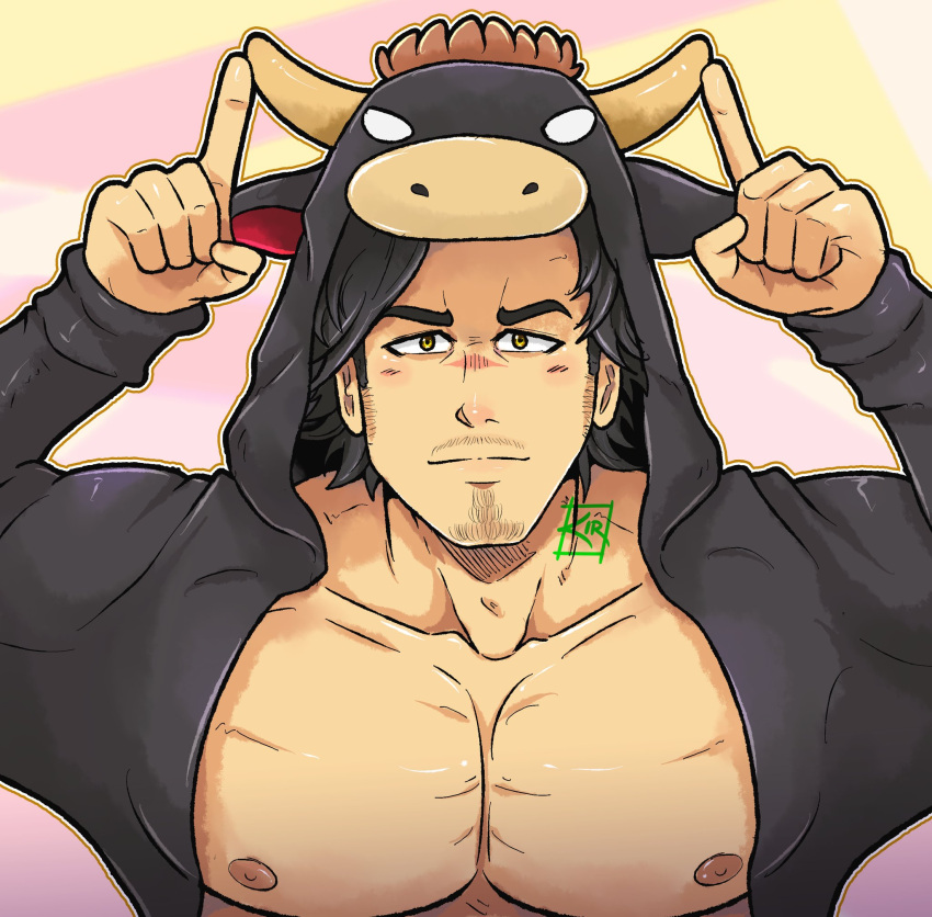 1boy animal_costume animal_ears bara bare_pectorals black_clover black_hair blush cow_costume cow_ears cow_horns facial_hair fake_animal_ears goatee highres horns kir_(kir_keropi) large_pectorals long_sideburns male_focus mature_male muscular muscular_male nipples nose_blush open_clothes pectorals short_hair sideburns smile solo spiked_hair upper_body yami_sukehiro