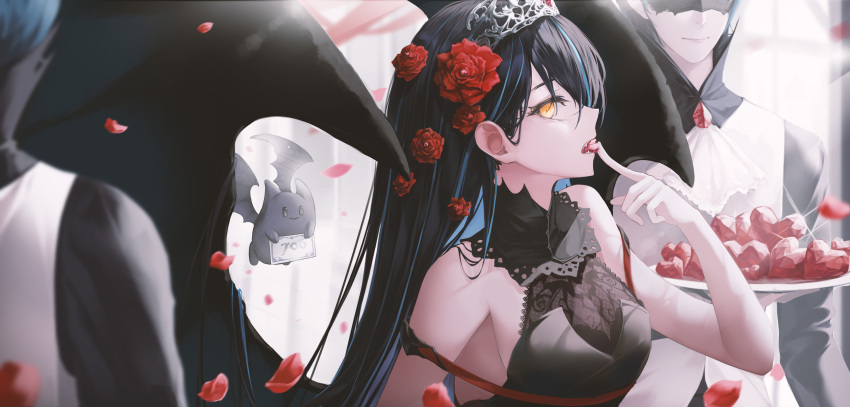 2others ascot bare_shoulders black_hair blurry blurry_background blurry_foreground breasts commentary eating female flower h2o_(dfo) hair_flower hair_ornament heart highres hood long_hair medium_breasts multiple_others original petals rei_no_himo sparkle symbol-only_commentary tiara white_ascot wings